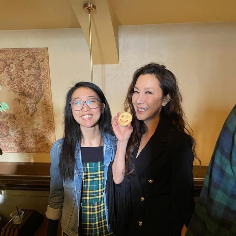 Annie from Annie's T Cakes and Michelle Yeoh standing side by side at the San Francisco Premier of Everything Everywhere All At Once